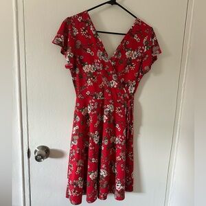 Floral V-Neck Red Wrap Dress